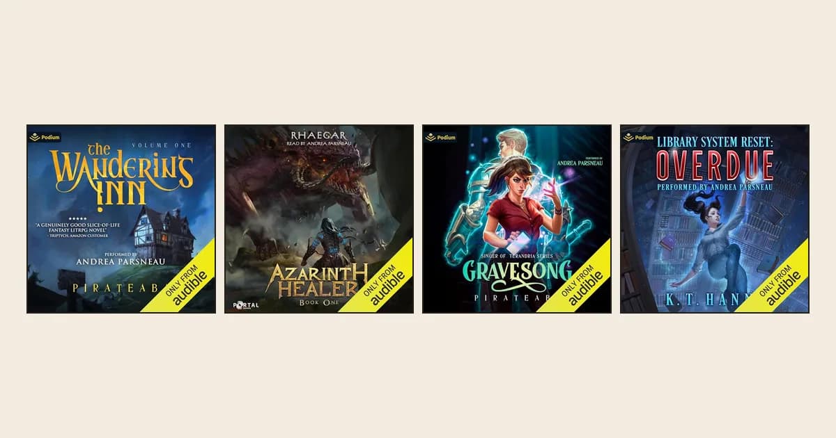Audible covers of The Wandering Inn, Azarinth Healer, Gravesong and Library System Reset: Overdue, all read by Andrea Parsneau
