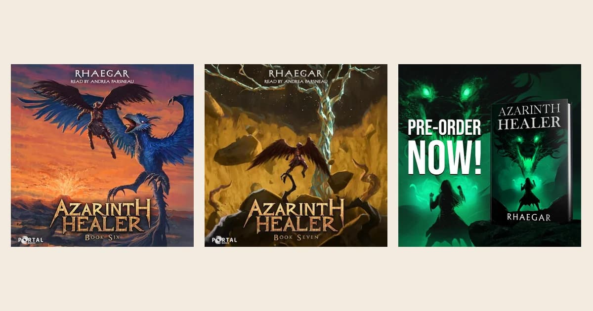 Audible covers of Azarinth Healer Book Six and Book Seven next to Portal Books' Book One hardback pre-order image on cream