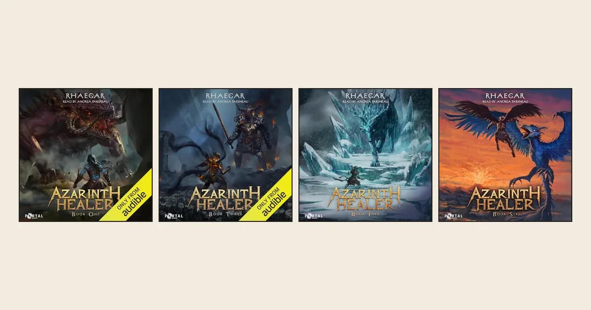 Audible covers of Azarinth Healer books one, three, five and six: a red dragon, armored fighters, an ice giant and a blue phoenix