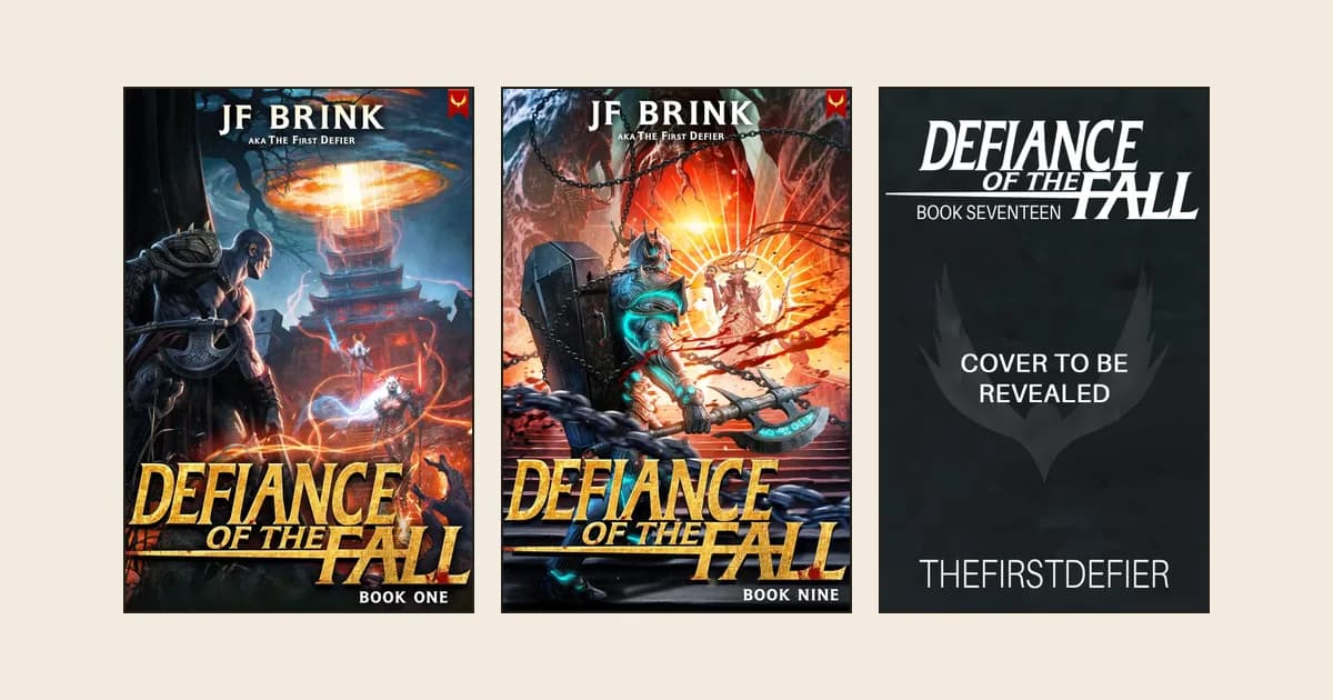 Aethon covers of Defiance of the Fall books 1, 9 and 17 side by side on a cream background