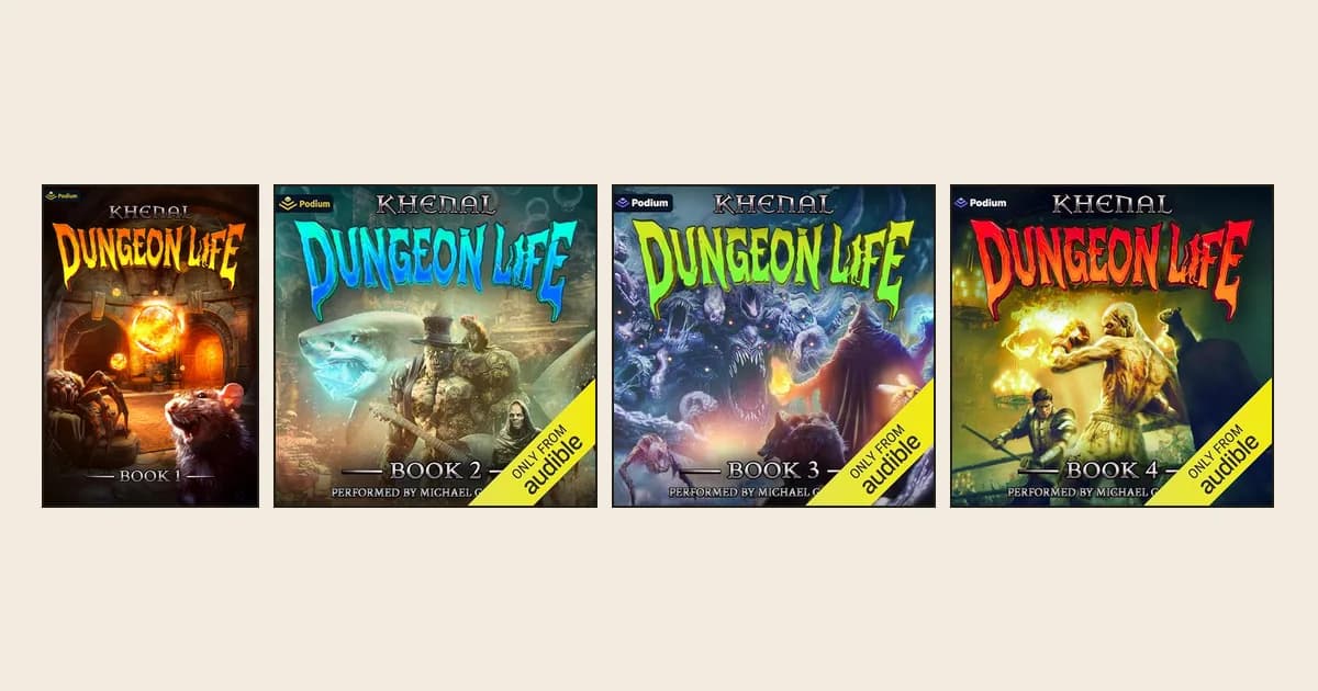 Covers of Dungeon Life books 1 to 4 by Khenal: the Kindle cover of book 1 with a rat before a glowing dungeon doorway, then the Podium audiobook covers of books 2, 3 and 4