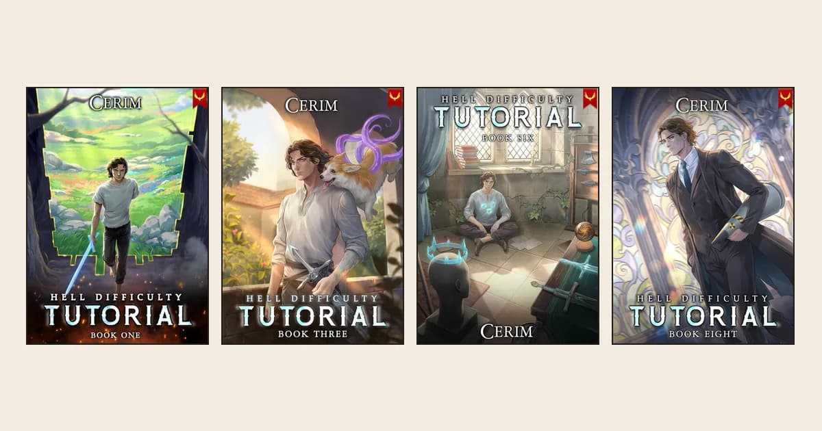 Aethon Books covers of Hell Difficulty Tutorial books one, three, six and eight by Cerim, each showing the dark-haired main character