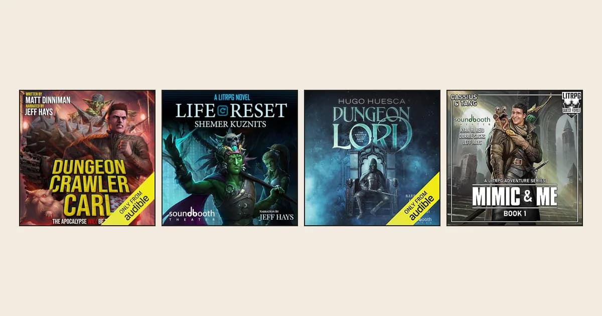 Audible covers of Dungeon Crawler Carl, Dungeon Lord, Life Reset and Mimic and Me side by side on a cream background