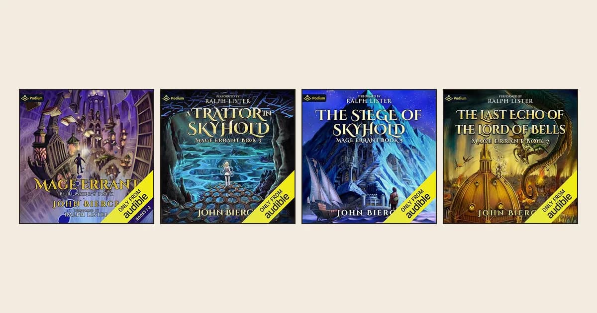 Audible covers of the Mage Errant Publisher's Pack and books 3, 5 and 7, each read by Ralph Lister, side by side