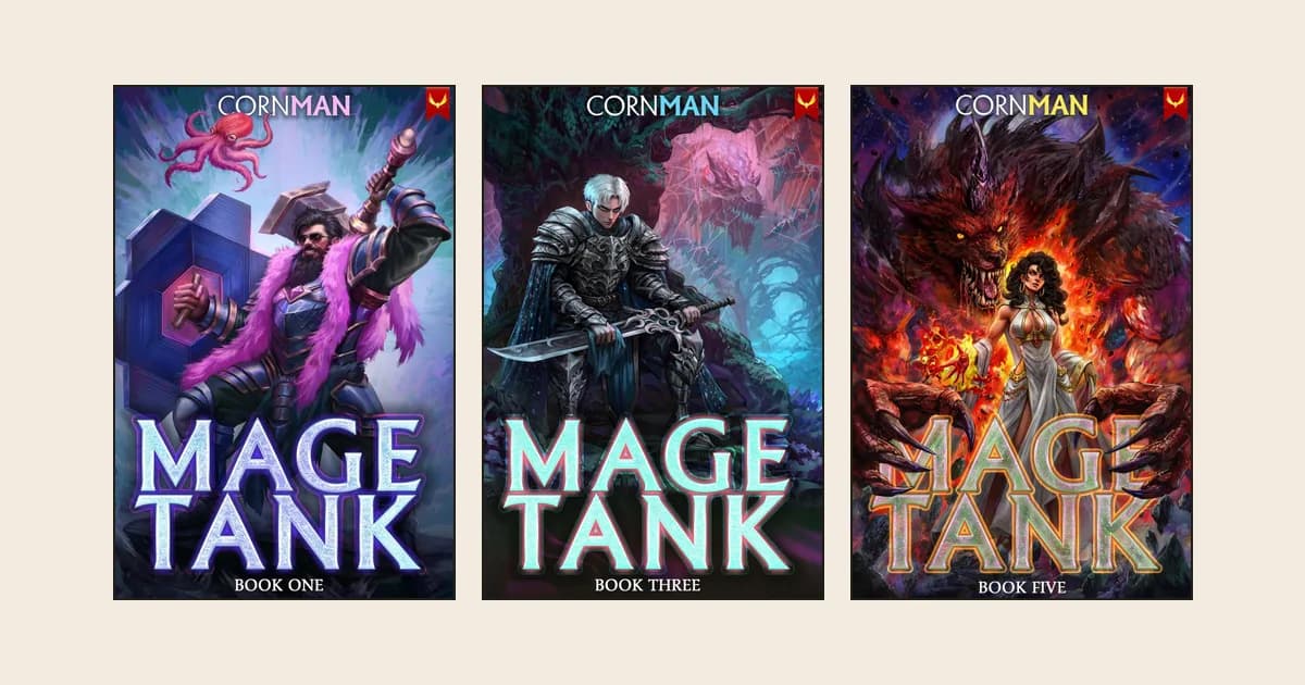 Aethon covers of Mage Tank books 1, 3 and 5: a bearded tank in a pink fur coat, an armored swordsman, a fire mage