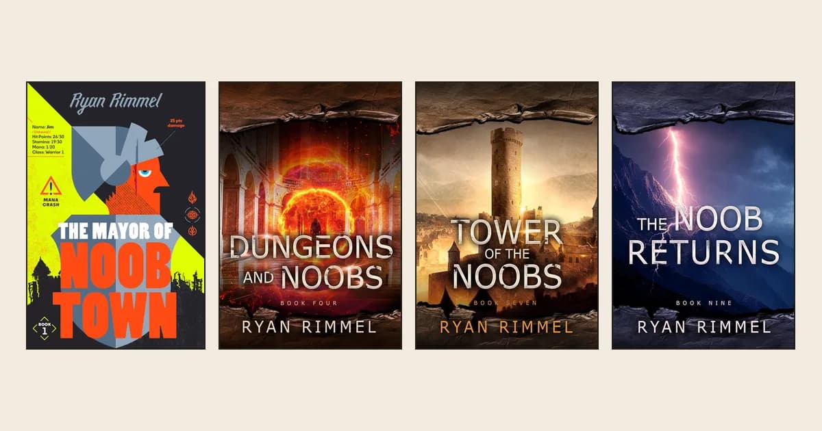 Kindle covers of Noobtown books 1, 4, 7 and 9 by Ryan Rimmel: The Mayor of Noobtown, Dungeons and Noobs, Tower of the Noobs and The Noob Returns