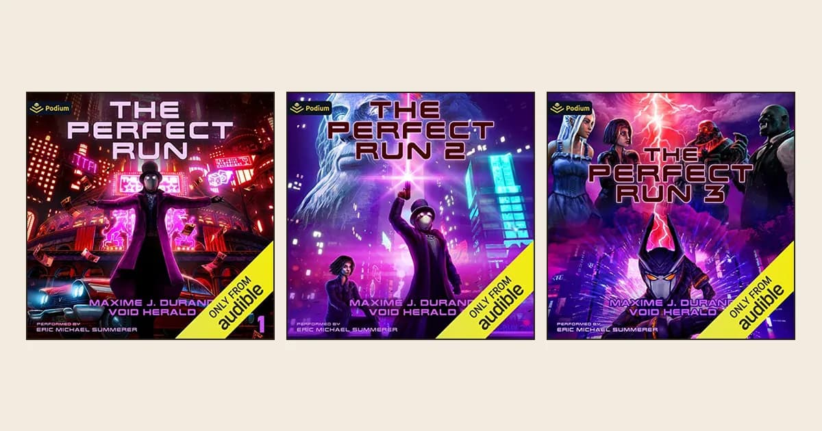 Audible covers of The Perfect Run books 1, 2 and 3 in a row: neon purple city scenes with a figure in a top hat and a masked helmet