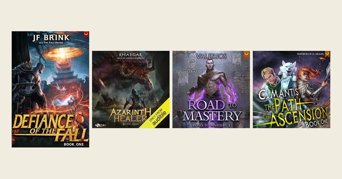 Covers of Defiance of the Fall, Azarinth Healer, Road to Mastery and The Path of Ascension book one in a row on a cream background