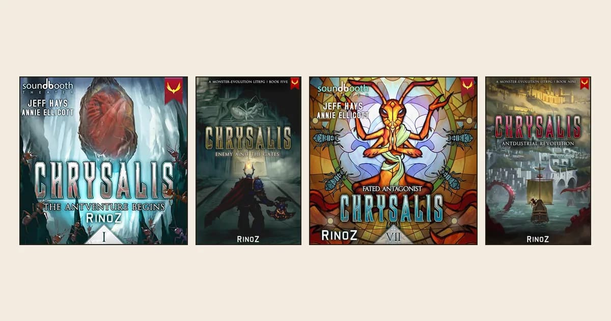 Covers of Chrysalis books 1, 5, 7 and 9 by RinoZ: a red egg in an icy cave, an armored warrior, a stained-glass ant, a ship