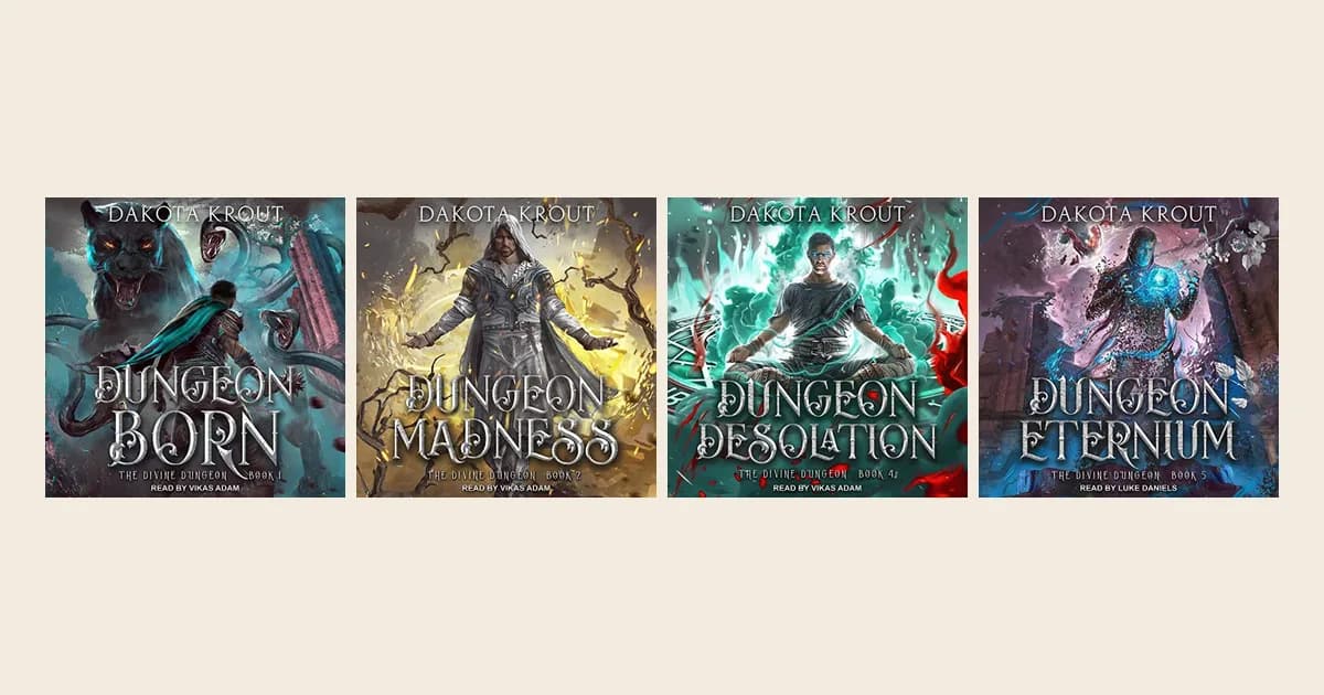 Tantor Audio covers of The Divine Dungeon books 1, 2, 4 and 5 by Dakota Krout: Dungeon Born, Dungeon Madness, Dungeon Desolation and Dungeon Eternium