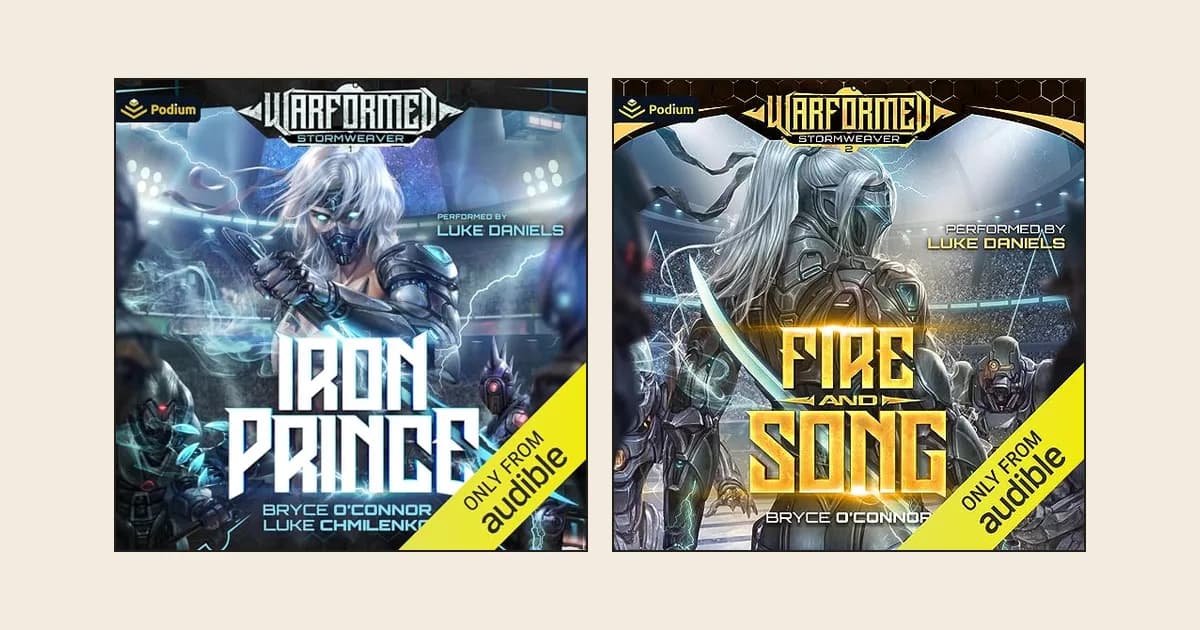 Audible covers of Iron Prince and Fire and Song, Warformed: Stormweaver books 1 and 2, side by side on a cream background