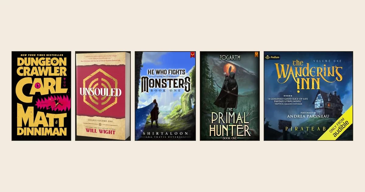 Book one covers of Dungeon Crawler Carl, Cradle, He Who Fights with Monsters, The Primal Hunter and The Wandering Inn in a row