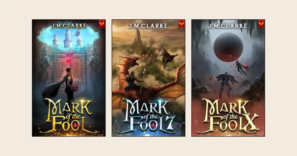 Aethon covers of Mark of the Fool books 1, 7 and 10 side by side on a cream background