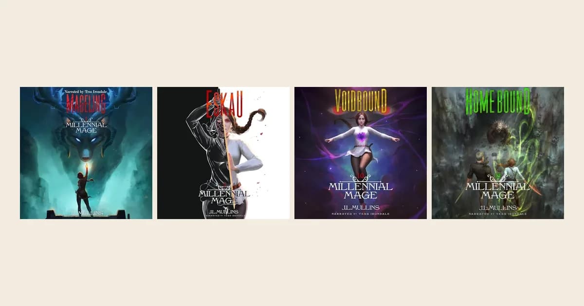 Audible covers of Millennial Mage books 1, 7, 10 and 13 by J.L. Mullins: Mageling, Eskau, Voidbound and Homebound