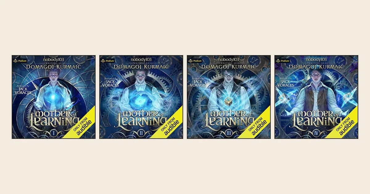 Audible covers of Mother of Learning Arcs 1 to 4 side by side on a cream background