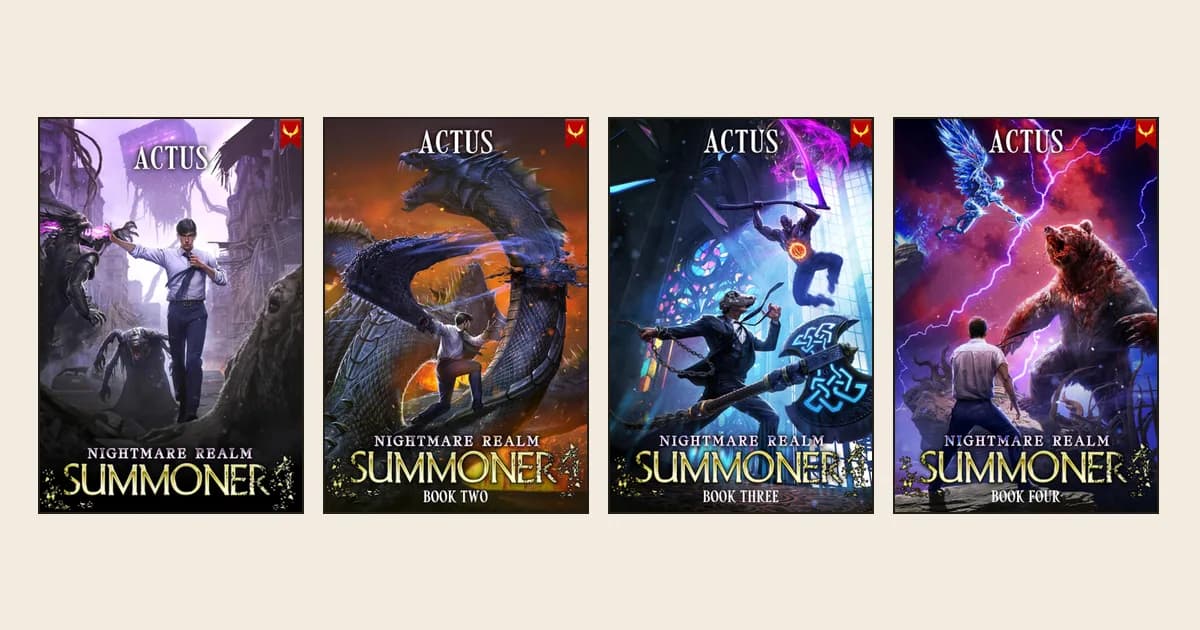 Aethon covers of Nightmare Realm Summoner books 1 to 4 by Actus, side by side: a man in a white shirt facing monsters, a giant serpent, a masked fighter with an axe, and a bloodied bear