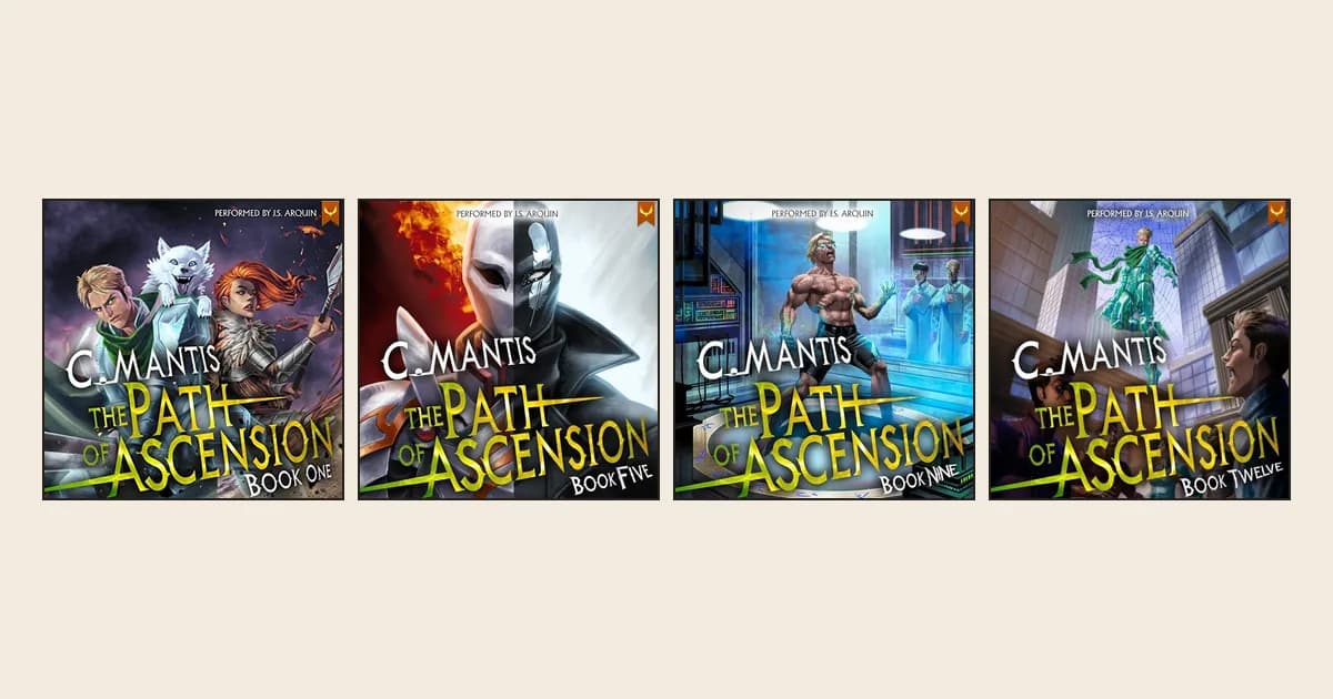 Audible covers of The Path of Ascension books one, five, nine and twelve, each with the C. Mantis name above the series logo