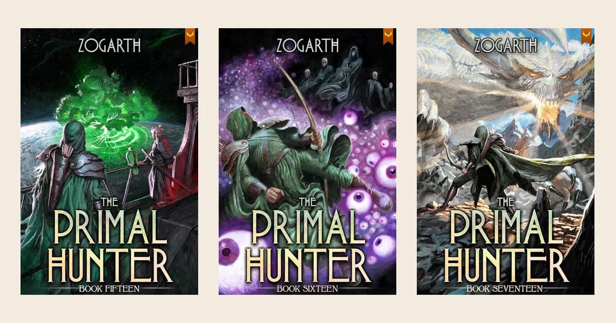 Aethon covers of The Primal Hunter books fifteen, sixteen and seventeen side by side on a cream background