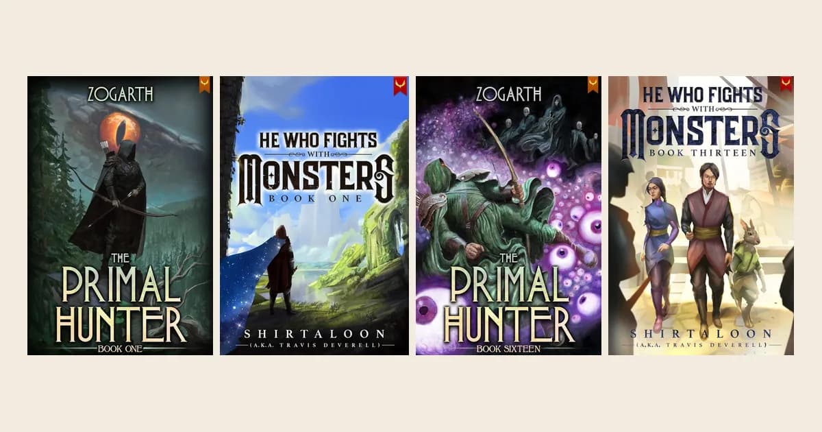Aethon Books covers of The Primal Hunter books 1 and 16 and He Who Fights with Monsters books 1 and 13 side by side