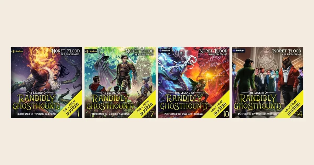 Podium Audio covers of The Legend of Randidly Ghosthound audiobooks 1, 7, 10 and 14 by Noret Flood side by side