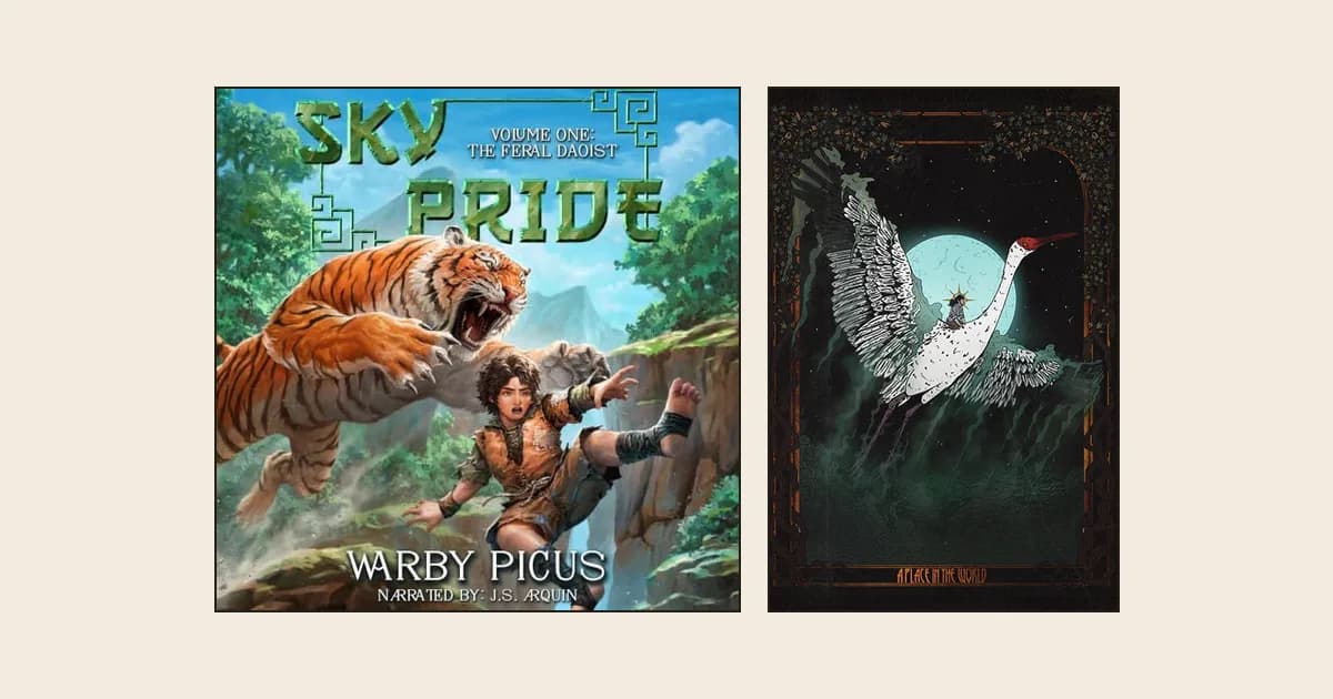Audible cover of The Feral Daoist next to the Royal Road cover art of Sky Pride on a cream background