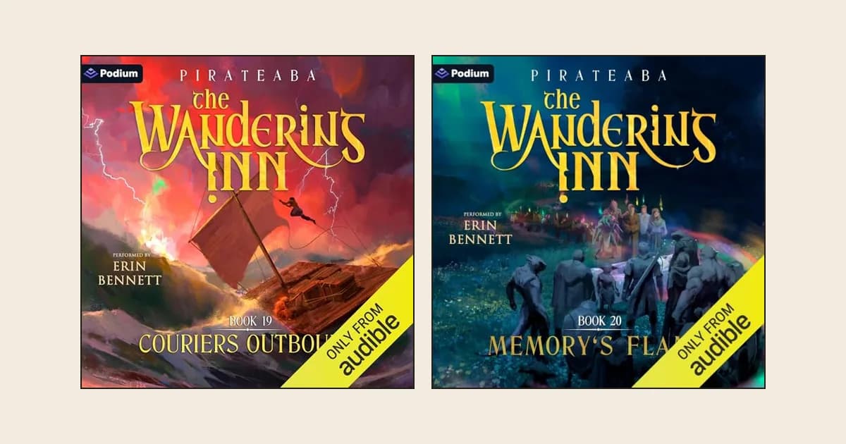 Audible covers of The Wandering Inn book 19, Couriers Outbound, and book 20, Memory's Flame, side by side