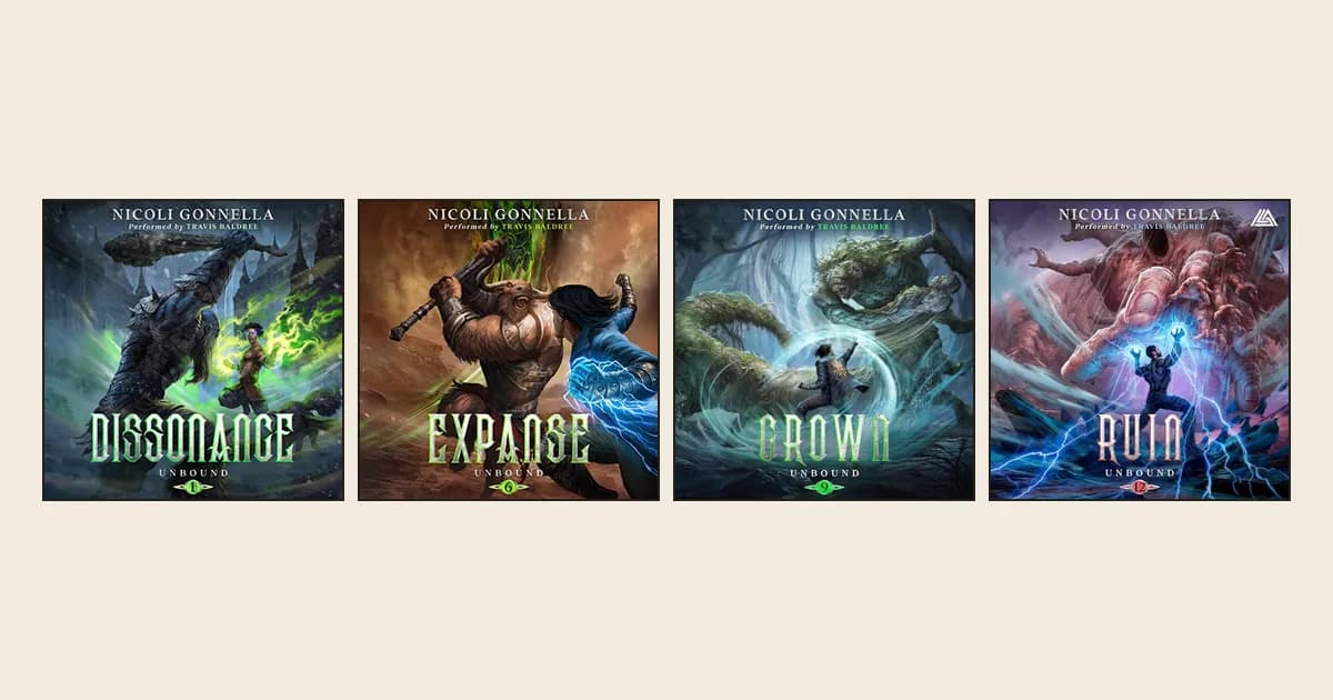 Audible covers of Unbound books 1, 6, 9 and 12, Dissonance, Expanse, Crown and Ruin, each with the book number under the title