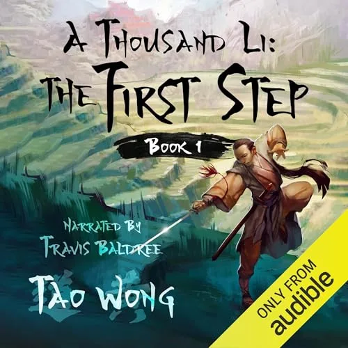Audible cover of A Thousand Li: The First Step, book 1: a robed man with a sword leaping across green terraced mountains