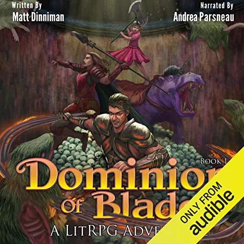 Audible cover of Dominion of Blades book 1 by Matt Dinniman: fighters with spears and axes in an arena with a purple beast