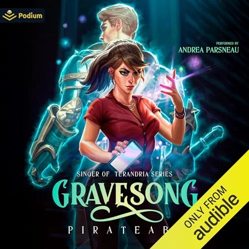 Audible cover of Gravesong, Singer of Terandria series: a young woman with a card in her hand and a glowing armored figure behind her