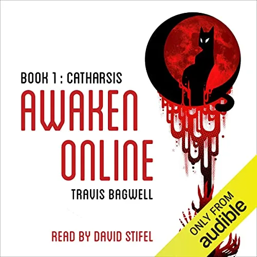 Audible cover of Awaken Online book 1, Catharsis: a black cat silhouette on a red moon above dripping red paint