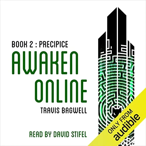 Audible cover of Awaken Online book 2, Precipice: a tall black tower with a green maze pattern on a white background