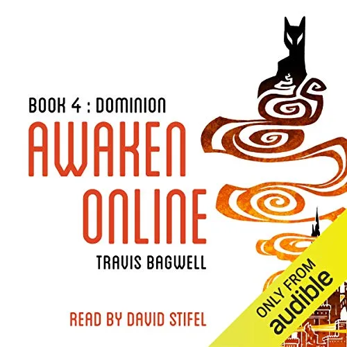 Audible cover of Awaken Online book 4, Dominion: orange smoke and flame shapes with a black cat figure at the top