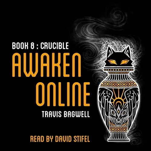 Audible cover of Awaken Online book 8, Crucible: an ornate white-outlined vase with a cat-head lid on a black background