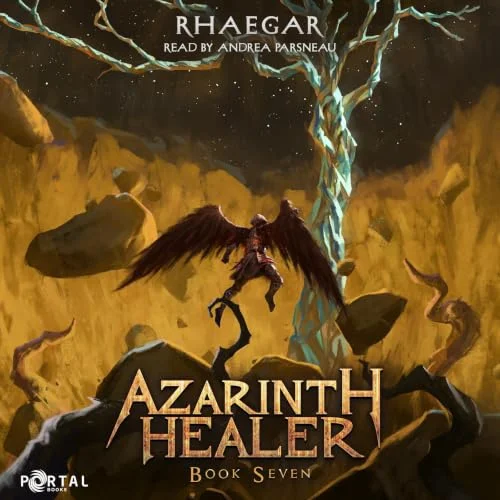 Audible cover of Azarinth Healer Book Seven: a winged figure stands on floating golden rocks under a glowing white tree and a starry sky
