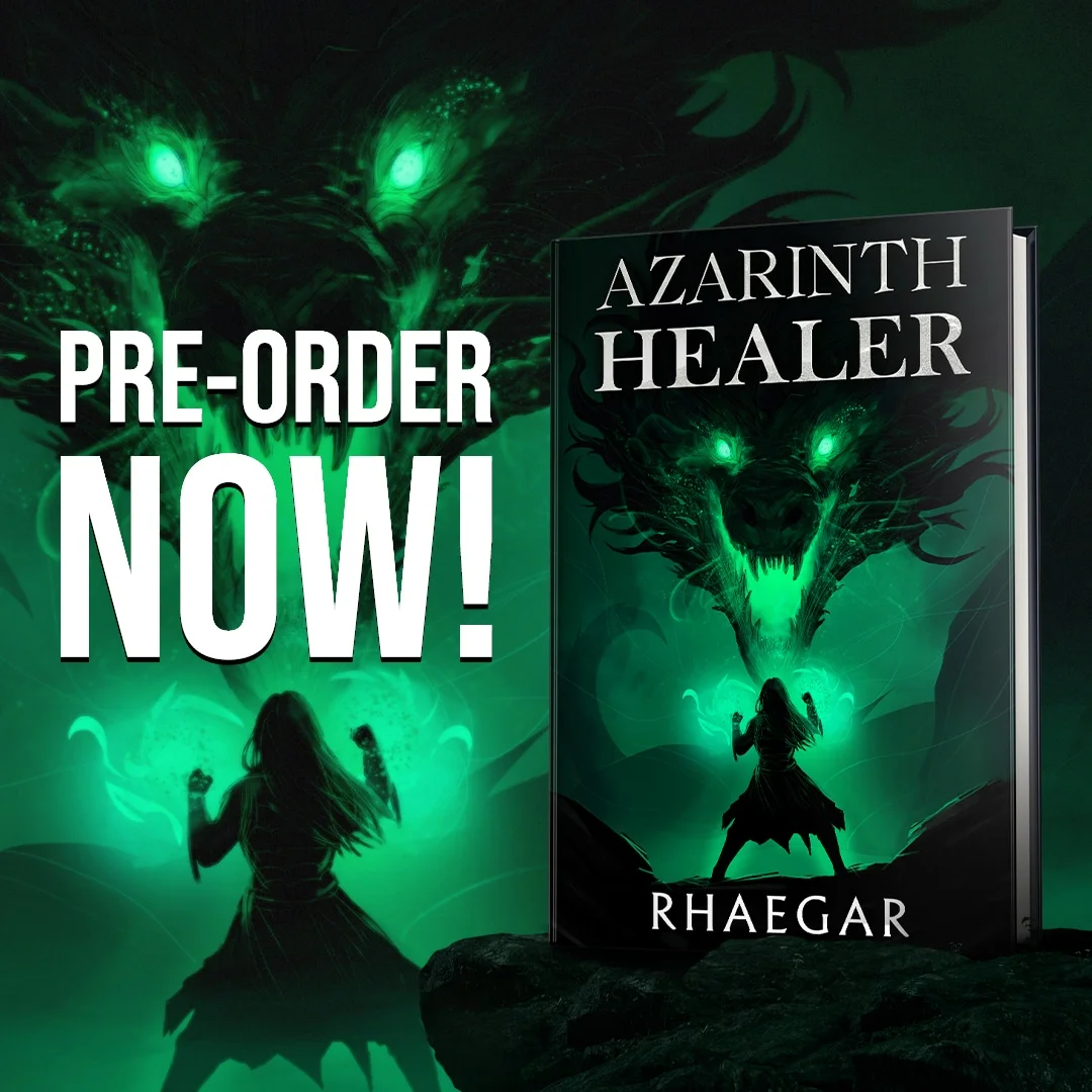 Portal Books pre-order image for the Azarinth Healer Book One hardback: a cloaked figure under green glowing creatures beside the hardcover