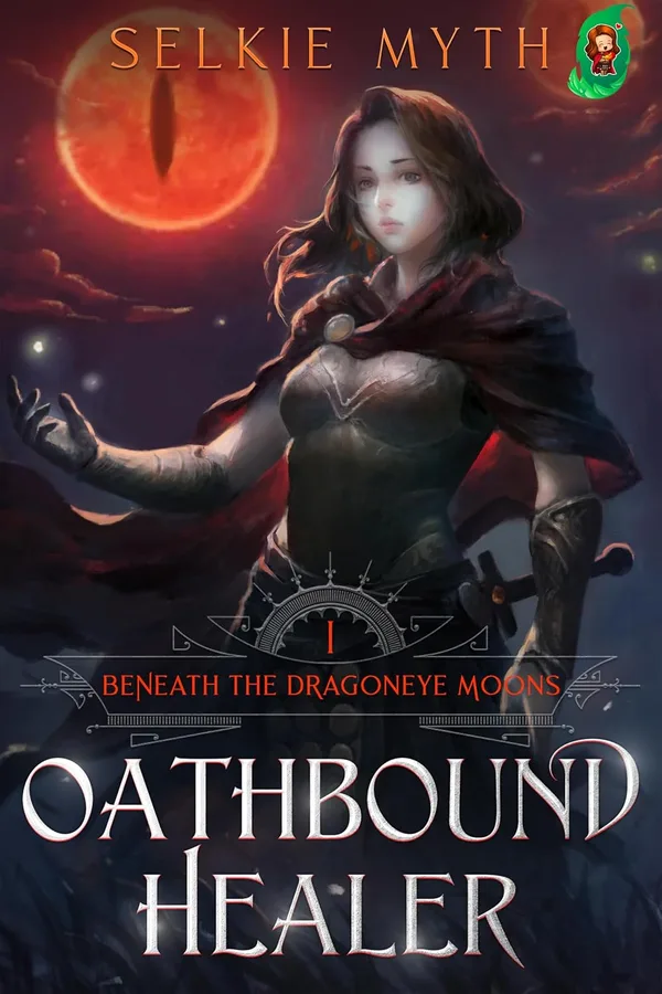 Kindle cover of Beneath the Dragoneye Moons book 1, Oathbound Healer: a woman with long brown hair in a dark red cloak and armor reaches out under a red moon shaped like a dragon's eye