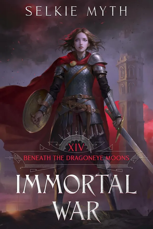 Kindle cover of Beneath the Dragoneye Moons book 14, Immortal War: a woman in steel armor with a red cape, round shield and sword stands before a tower under a dark red sky