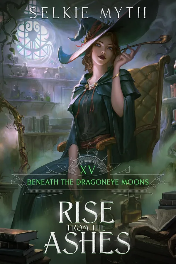 Kindle cover of Beneath the Dragoneye Moons book 15, Rise from the Ashes: a witch in a teal hat and cloak sits in a study full of potions and green smoke