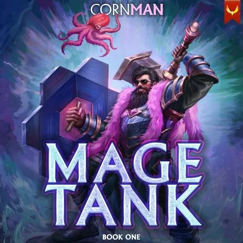 Audiobook cover of Mage Tank book one, a bearded fighter in a pink fur coat with a hammer and shield