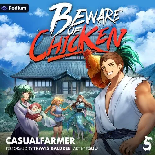 Podium audiobook cover of Beware of Chicken book 5: a grinning man with a rooster on his shoulder stands in front of a farmhouse, three women behind him