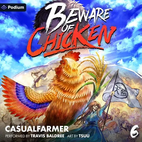 Podium cover of Beware of Chicken book 6: a rooster spreads rainbow-tipped wings beside rice stalks while a woman raises a banner