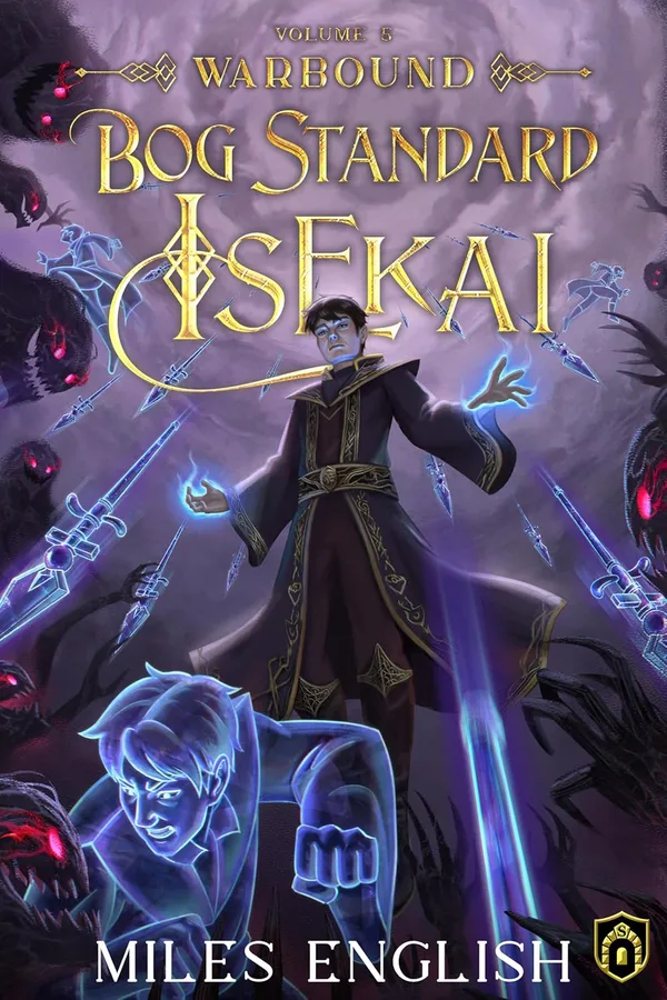 Kindle cover of Bog Standard Isekai volume 5, Warbound: a dark-robed figure with a glowing blue spirit and floating swords on a purple background