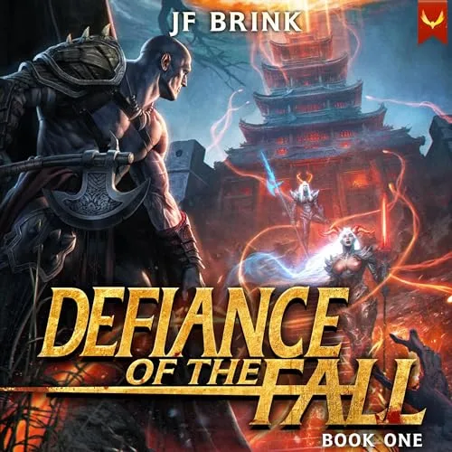 Audiobook cover of Defiance of the Fall book one, a warrior before a glowing temple