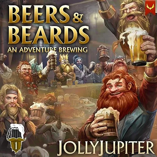 Audible cover of Beers and Beards book 1: bearded dwarves raising beer mugs in a crowded tavern