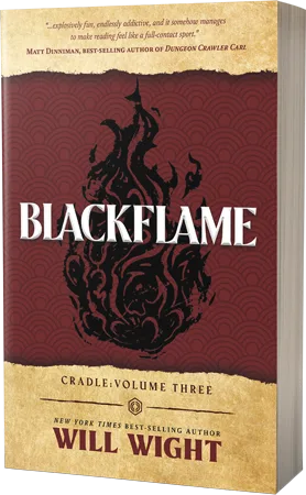 Paperback cover of Blackflame, Cradle volume three, a black flame shape on a dark red background