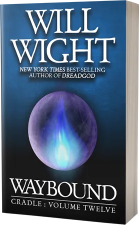 Paperback cover of Waybound, Cradle volume twelve, a glowing blue orb on a dark background