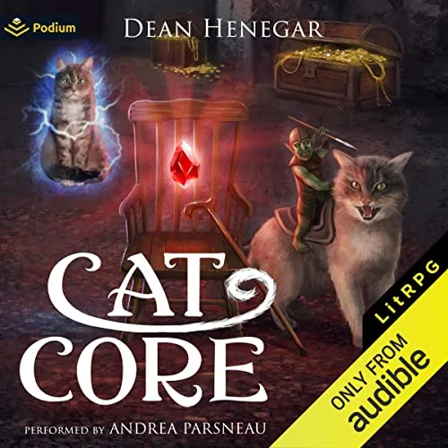 Audible cover of Cat Core book 1: two cats, one in armor, beside a glowing red crystal