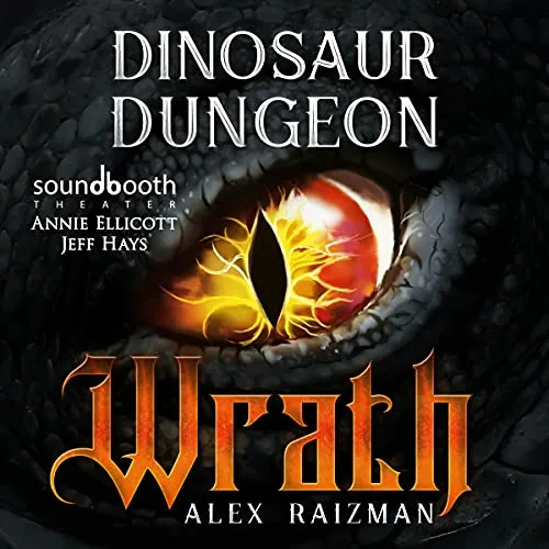 Audible cover of Dinosaur Dungeon: Wrath: a huge glowing reptile eye above the title