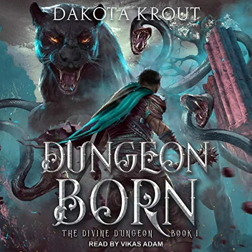 Audible cover of Dungeon Born, The Divine Dungeon book 1: a glowing-eyed beast looming over the title